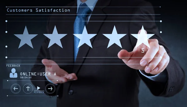 Five Stars Rating Businessman Touching Virtual Computer Screen Positive Customer — Stock Photo, Image
