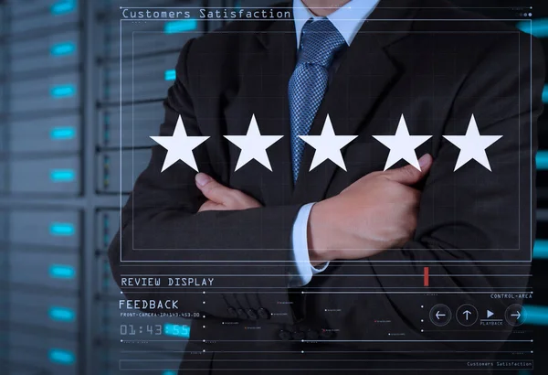 Five Stars Rating Businessman Touching Virtual Computer Screen Positive Customer — Stock Photo, Image