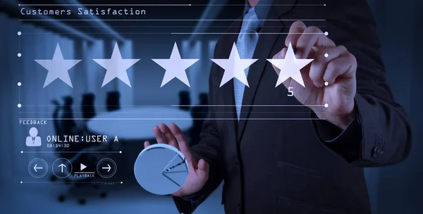 Five Stars Rating Businessman Touching Virtual Computer Screen Positive Customer — Stock Photo, Image