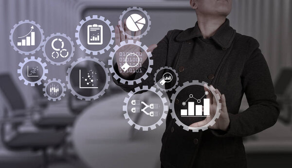 business woman with an open hand as showing something
 