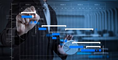 Proje Yöneticisi çalışma ve güncelleştirme görevleri kilometre taşları ilerleme planlama ve Gantt Grafiği diagram.businessman el beyaz tahta veya sanal ekran yazma zamanlama.