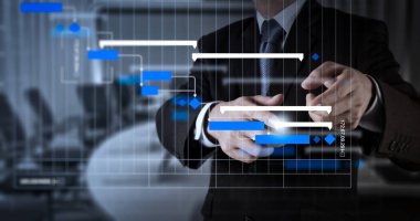 Proje Yöneticisi çalışma ve güncelleştirme görevleri kilometre taşları ilerleme planlama ve Gantt Grafiği zamanlama diyagramı. Sanal ekran üzerinde hayali bir düğmeye basarak işadamı el.