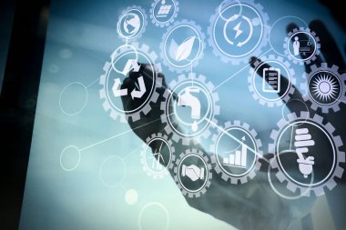 Simgeleri ile sürdürülebilir kalkınma çevre koruma ile yeni modern bilgisayar çalışma bağlı gears.businessman içinde yenilenebilir enerji ve doğal kaynakların korunması.