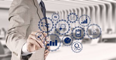 İş verilerini analytics yönetimi ile bağlı dişli çarkları KPI mali çizelgeleri ve beyaz tahta veya sanal ekran yazma graph.businessman el ile