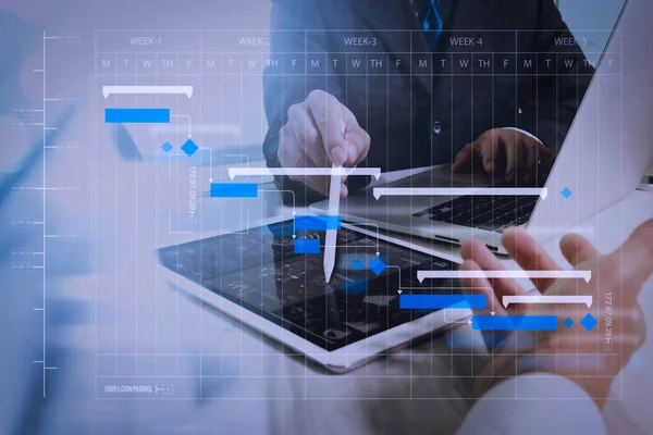 Projekt Manager Működik Frissítés Feladatok Mérföldkövek Fejlődés Tervezés Ütemezés Diagram — Stock Fotó