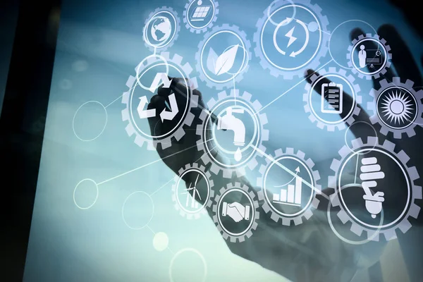 Simgeleri ile sürdürülebilir kalkınma çevre koruma ile yeni modern bilgisayar çalışma bağlı gears.businessman içinde yenilenebilir enerji ve doğal kaynakların korunması.