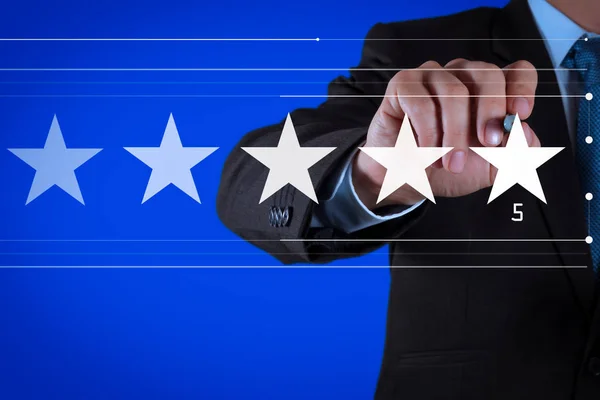 Five Stars Rating Businessman Touching Virtual Computer Screen Positive Customer — Stock Photo, Image