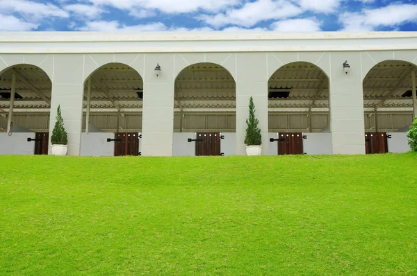 Zona estável do cavalo na jarda verde com céu azul — Fotografia de Stock