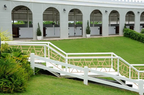 Fehér luxus lépcső a zöld udvarban — Stock Fotó