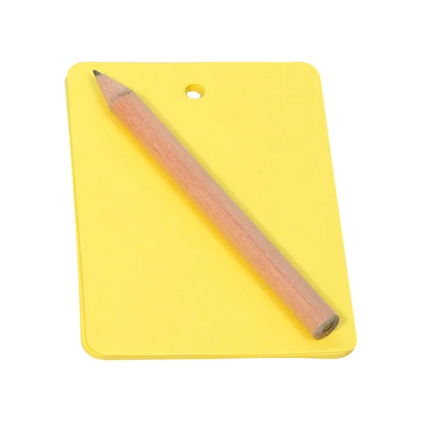 Yellow paper note with pencil on white background — Stock Photo, Image