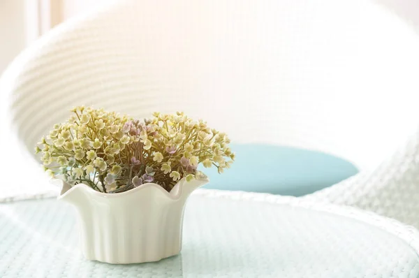 마른 꽃과 흰색 등나무 소파, 가벼운 냄비 위에서 플레어 — 스톡 사진