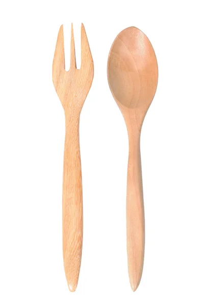 Tenedor y cuchara de madera, concepto de utensilios de cocina —  Fotos de Stock