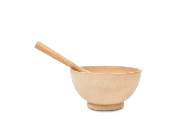 Wooden seasoning bowl set with spoon on white background. — Stock Photo, Image