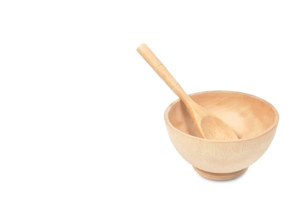 Wooden seasoning bowl set with spoon on white background. — Stock Photo, Image