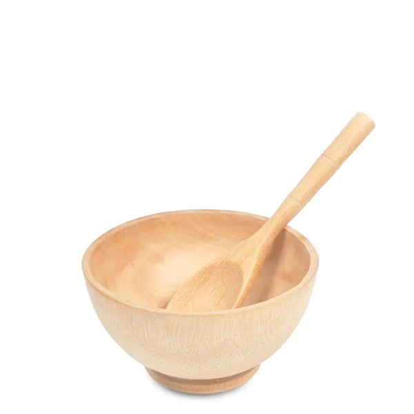 Wooden seasoning bowl set with spoon on white background. — Stock Photo, Image