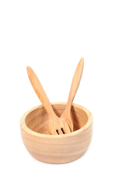 Tigela de madeira com garfo e colher set — Fotografia de Stock