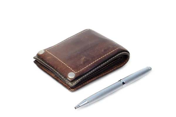 Classic leather wallet and luxury pen — Stock Photo, Image