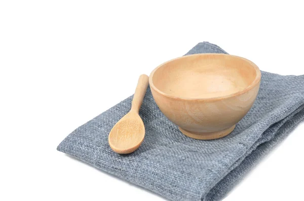 Wooden seasoning bowl set with spoon on white background. — Stock Photo, Image