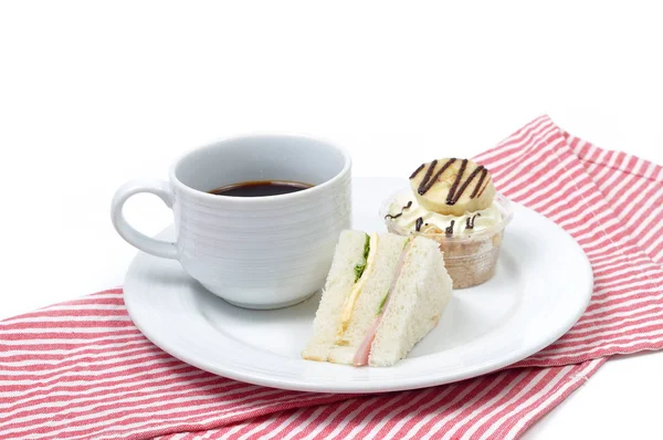 Kahve molası ile sandviç ve muz Kek pasta ayarla — Stok fotoğraf
