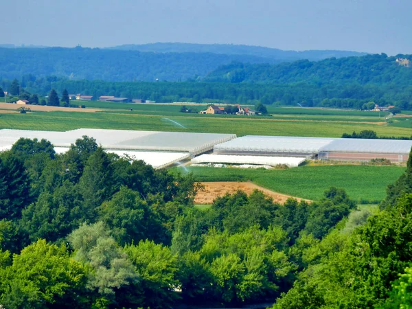 Grande Zone Vallée Dordogne Couverte Polytunnels Vue Village Limeuil — Photo