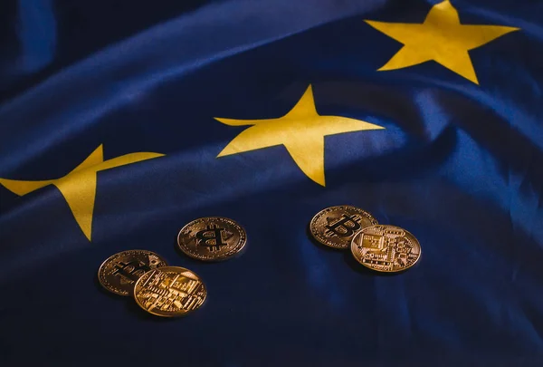 Golden bitcoins on  EU flag — Stock Photo, Image