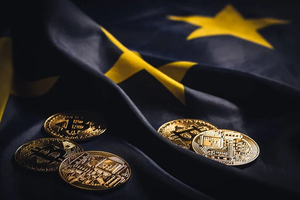 Golden bitcoins on  EU flag — Stock Photo, Image