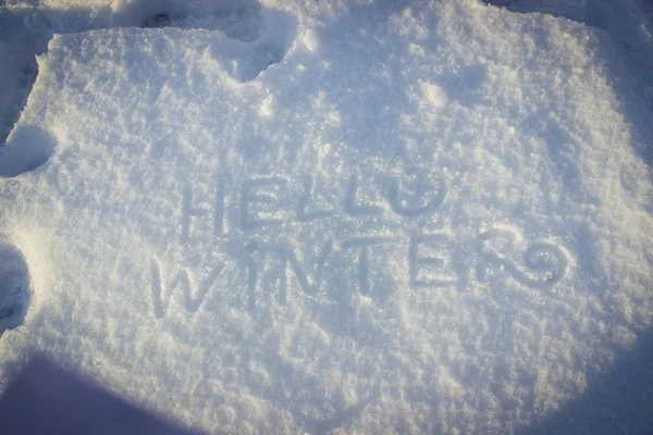 Olá inverno manuscrito na neve fresca . — Fotografia de Stock