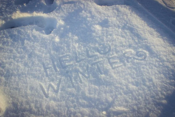 Hola invierno escrito a mano sobre nieve fresca . — Foto de Stock