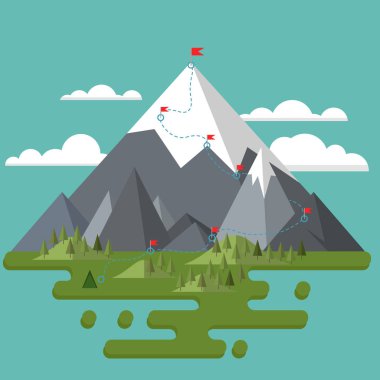 Düz manzara. Dağlar, ağaçlar ve tepeler. En yüksek noktada kırmızı bayrak. Zirveye giden yol. Hedefe giden yol. İstenen başarıya ulaş