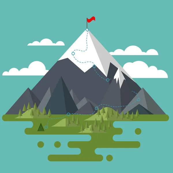 平らな風景。山、木、丘。高い上に赤い旗 — ストックベクタ