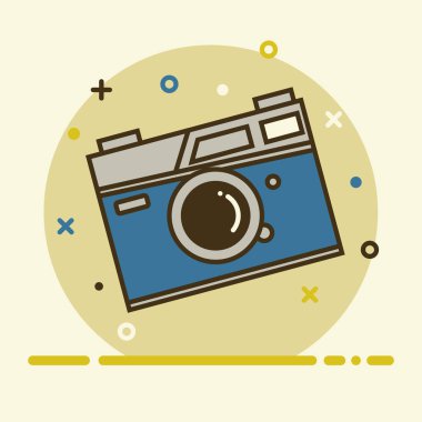 Kalın kahverengi bir vuruşu olan kaliteli bir fotoğraf makinesi. Hafif arkaplan. Boğuk renkler. Kamera havada süzülüyor. Hippiler için eski film kamerası tasarımı.