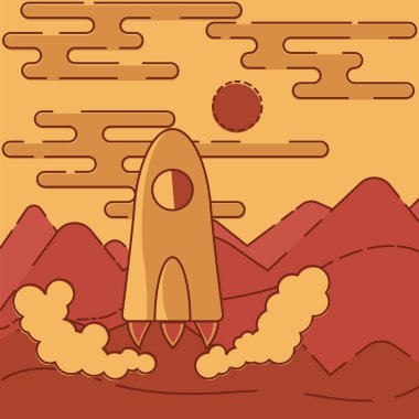 Çizgi film roketi Mars yüzeyinden başlıyor. Mars dağ manzarası. Düz poster tarzı. Sadece kırmızı ve turuncu.