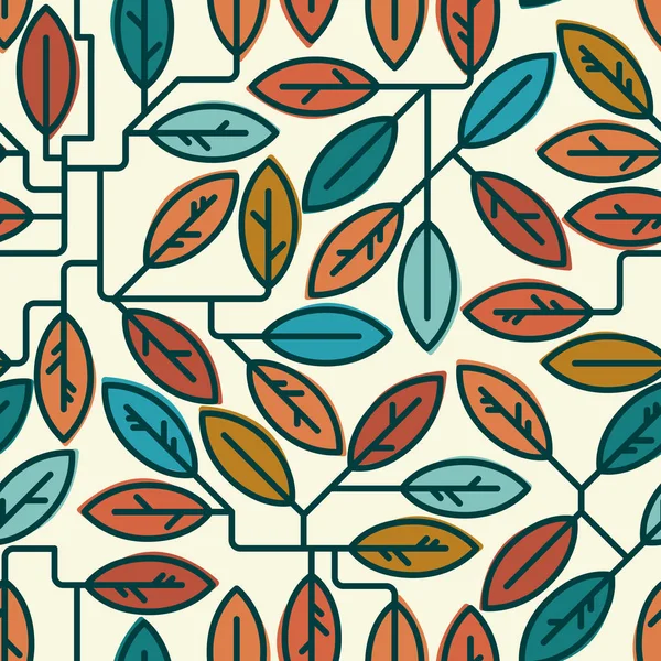 Strikt naadloos geometrisch patroon met bladeren en takken. Bloemen achtergrond. Meerkleurige vulling in elk blad. Stoutmoedig schema. — Stockvector