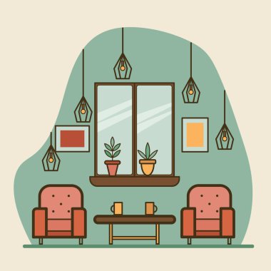 Güzel ve rahat oturma odası, iki koltuk ve pencerenin yanında küçük bir masa. Düz stil. Sessiz ve şık renkler. Pencere pervazında çiçekler, masada kupalar ve duvarlarda bir resim. Modern lambalarla geçmişe dönük iç mekan.