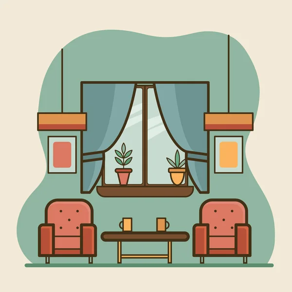 Уютная гостиная с двумя красными креслами и небольшим столиком у — стоковый вектор