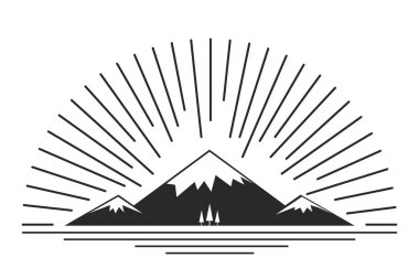 Logo. Dağ ve orman ön planda. Etrafında, parlaklığı. Güneşin ışıkları.