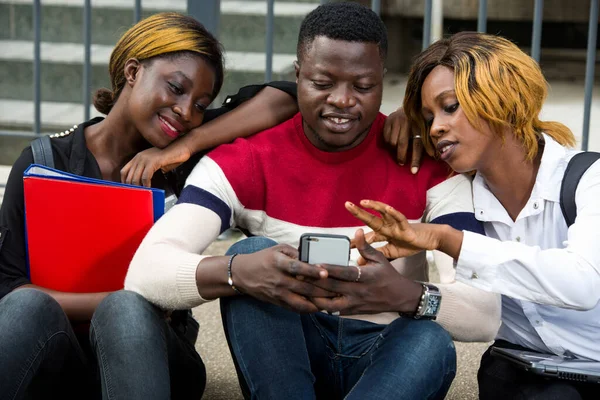 College Students Together Study Smiling Tablet Cellphone University Campus — Stock Photo, Image