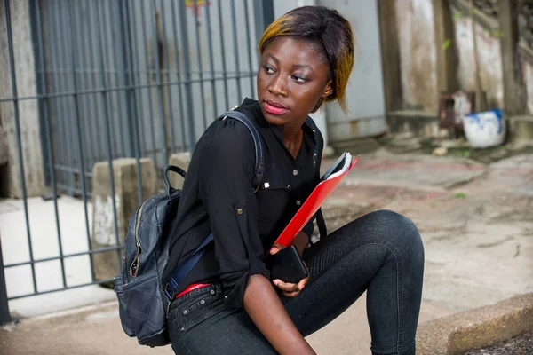 Young Student Sitting Backpack Class Watching Something — Stock Photo, Image