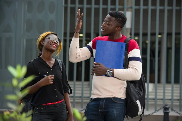 Happy Female Students Positive Expression Hold Hands Carry Backpacks Make — Stock Photo, Image