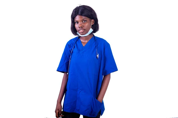 Hermosa Joven Médico Uniforme Azul Mirando Cámara — Foto de Stock