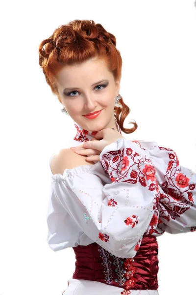 Симпатична дівчина одягнена в національну сукню з корсетом . — стокове фото