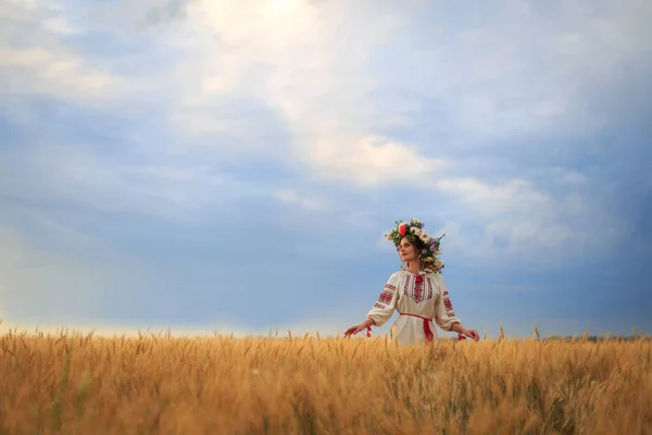 Красива дівчина одягнена в національний одяг і вінок у полі — стокове фото