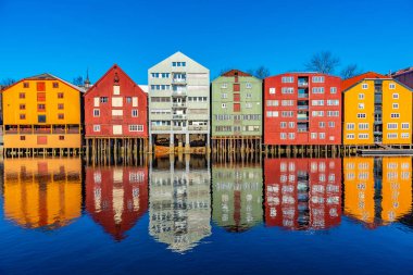 Brygge 'daki Nidelva Nehri' ni çevreleyen renkli kereste evleri.