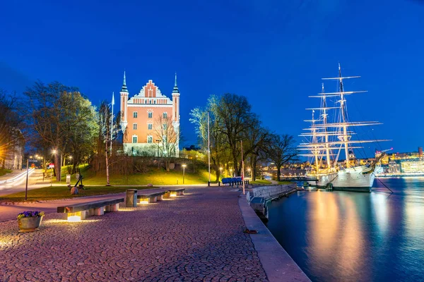 Sunset view of Hostel ship Af Chapman situated in Stockholm, Swe