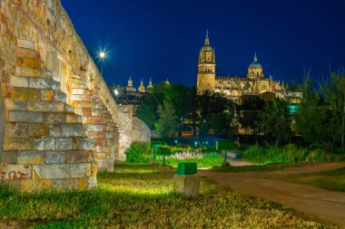 Salamanca Katedrali 'ne giden Roma köprüsünün gün batımı manzarası, 