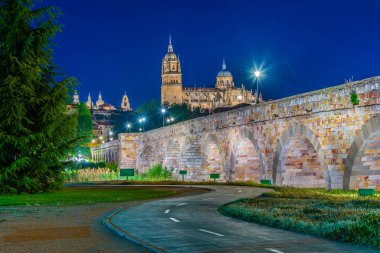 Salamanca Katedrali 'ne giden Roma köprüsünün gün batımı manzarası, 