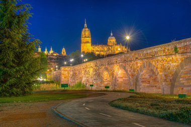 Salamanca Katedrali 'ne giden Roma köprüsünün gün batımı manzarası, 