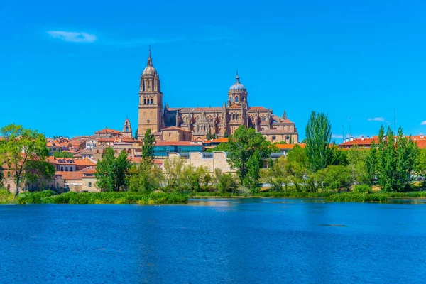 Katedrála v Salamance se odrážela na řece Tormes, Španělsko — Stock fotografie