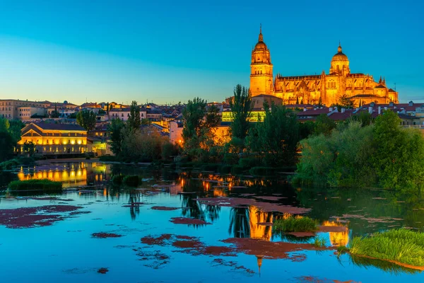 Salamanca 'daki Katedral' in gün batımı görüntüsü Tormes nehrine yansıdı, — Stok fotoğraf