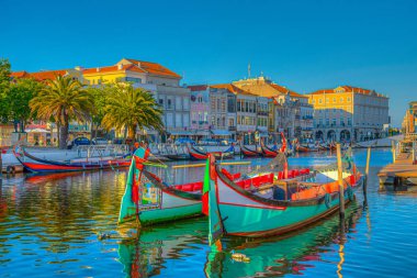 Moliceiro gemileri Aveiro 'nun merkez kanalı boyunca demirliyor.,